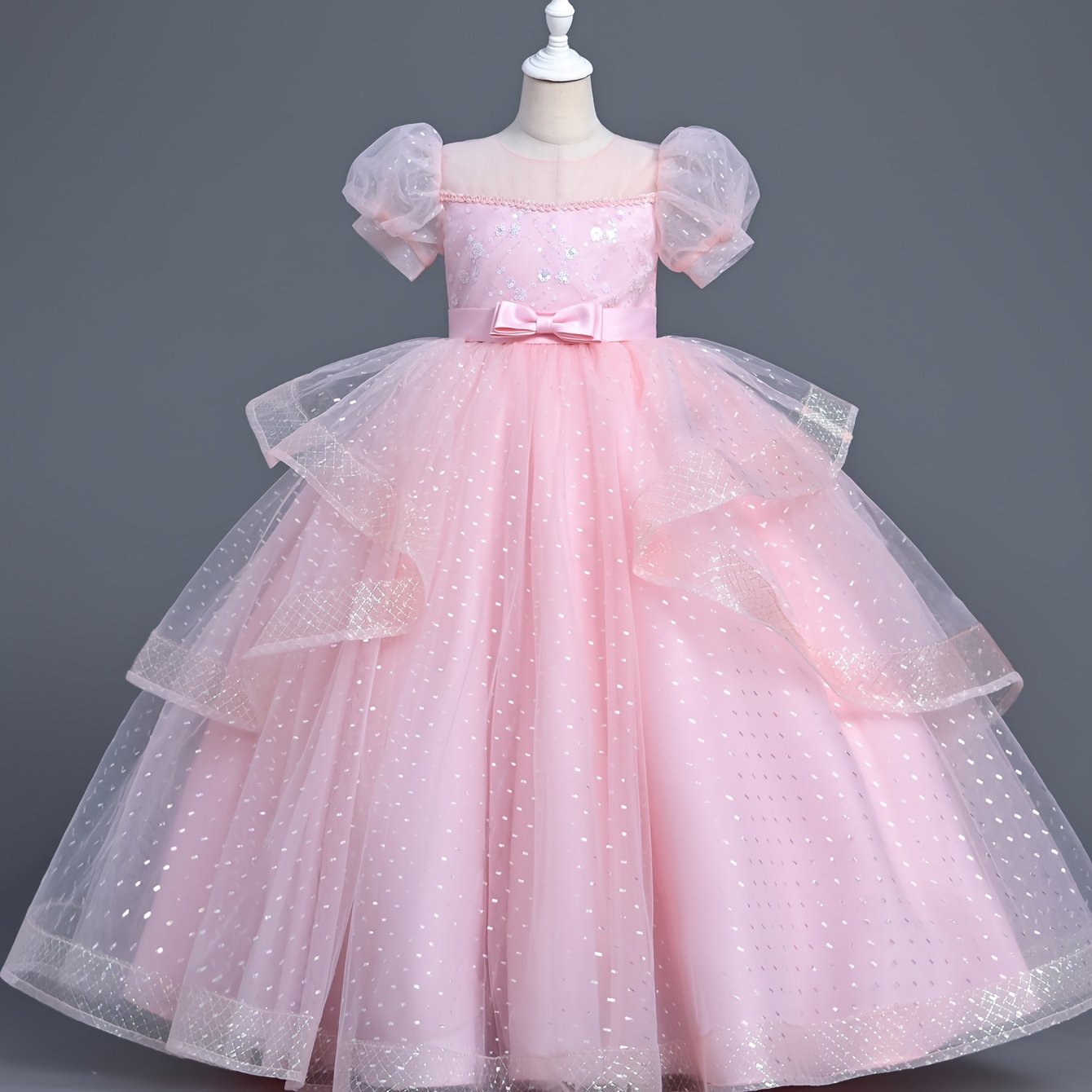 Polyester ball gown dress for girls, featuring a solid color tent silhouette with contrast mesh, crew neck, lantern short sleeves, non-stretch fabric, includes belt. Perfect for all-season