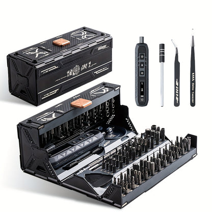 Compact electric screwdriver set with 3 torque settings, foldable design, 160 precision bits for various devices.