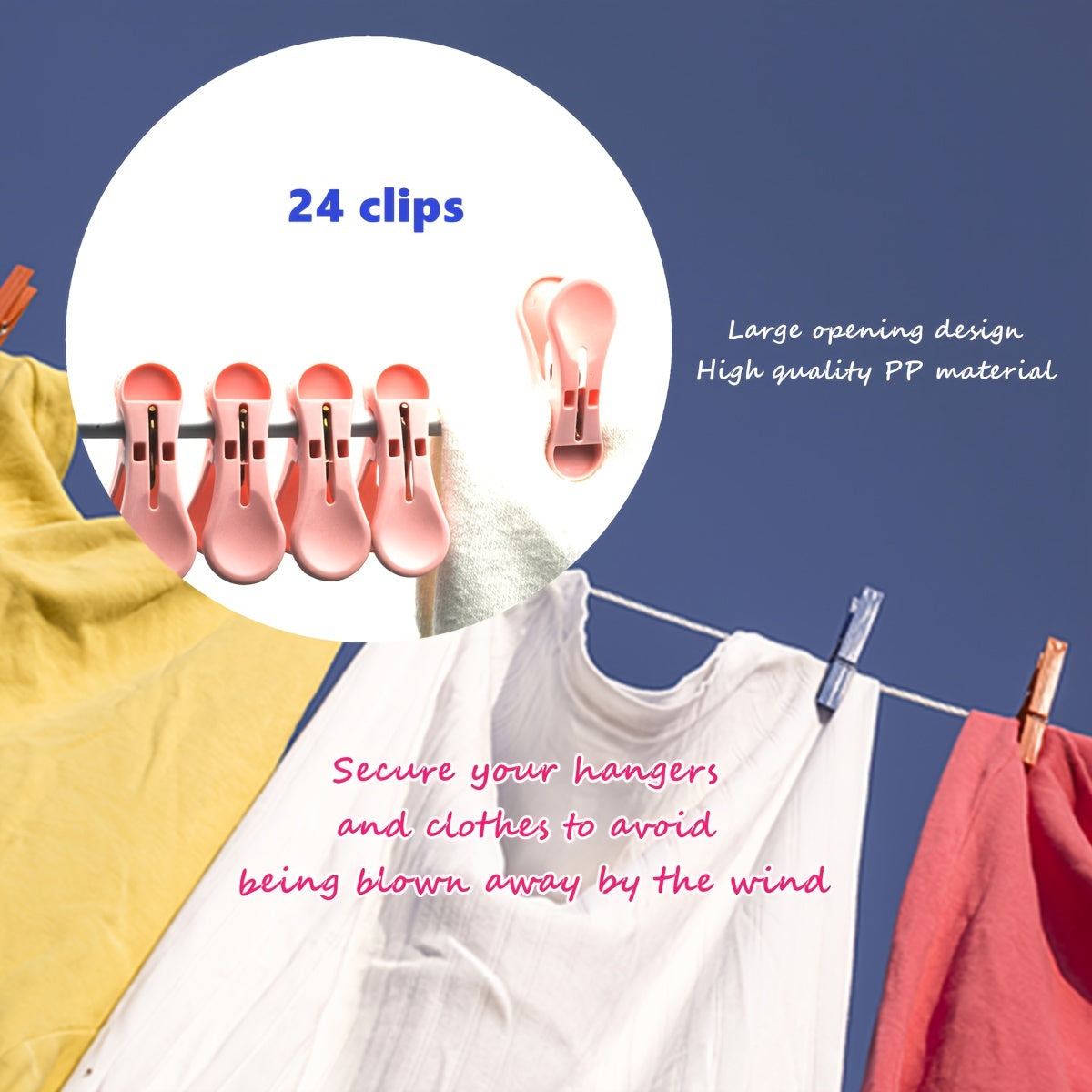 24 pieces of windproof clothespins, durable clips for securing clothes, socks, and sheets on hangers for drying.