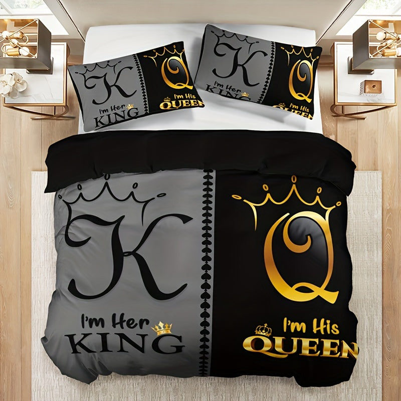 3-piece polyester bedding set with digital print featuring king and queen crown motifs. Includes 1 comforter cover and 2 pillow shams. Machine washable with breathable fabric for all-season comfort. Makes a cozy bedroom accessory and perfect Christmas