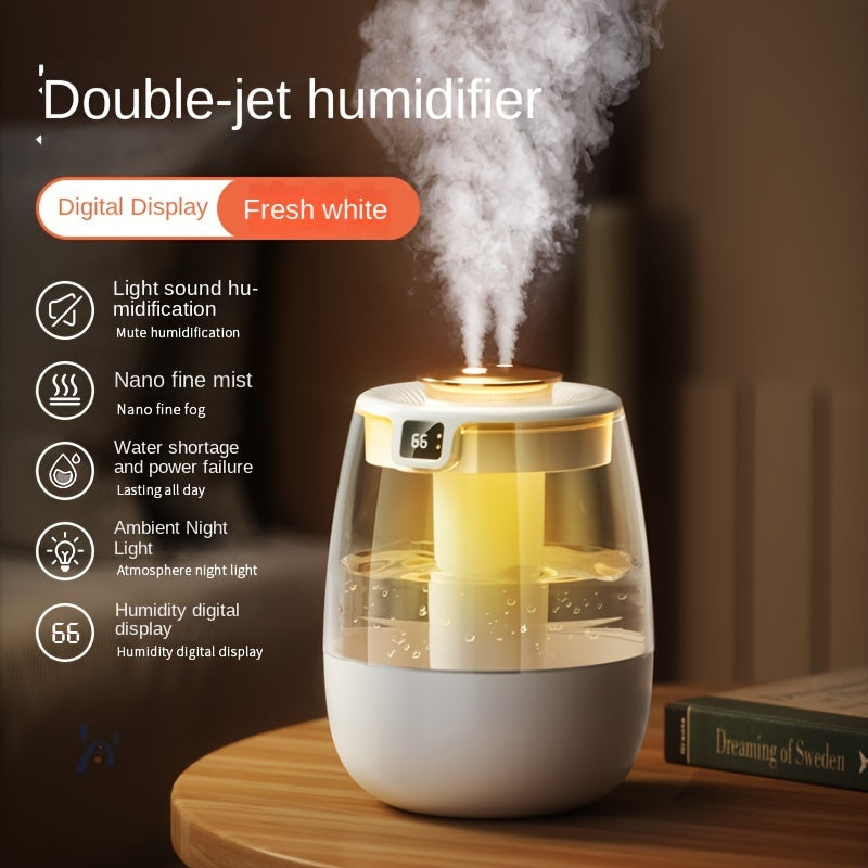 Quiet USB humidifier with large capacity, perfect for bedroom or desk, with dual mist settings, night light, and digital display.