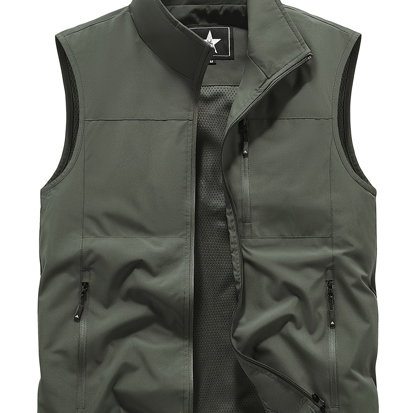 Polyester Sleeveless Vest for Men: Black, Multi-Pocket Design, Zipper Closure, Mesh Lining - Ideal for Spring/Autumn Outdoor Wear.