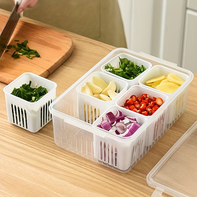 This kitchen storage box is a versatile 6-in-1 solution for keeping onions, ginger, and garlic fresh, as well as serving as a refrigerator fresh-keeping box and a fruit food draining box.