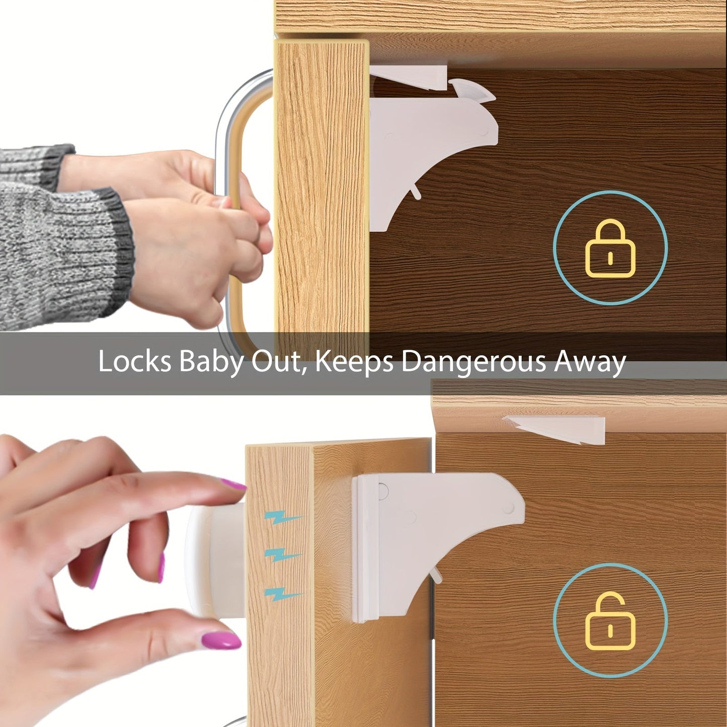 Set of 4/6/8 Magnetic Cabinet Locks Including 2 Keys, Secure Home Safety Solution, No-Drill Drawer Locks, Hidden Adhesive Magnetic Cupboard Locks for Kitchen Cabinets and Drawers