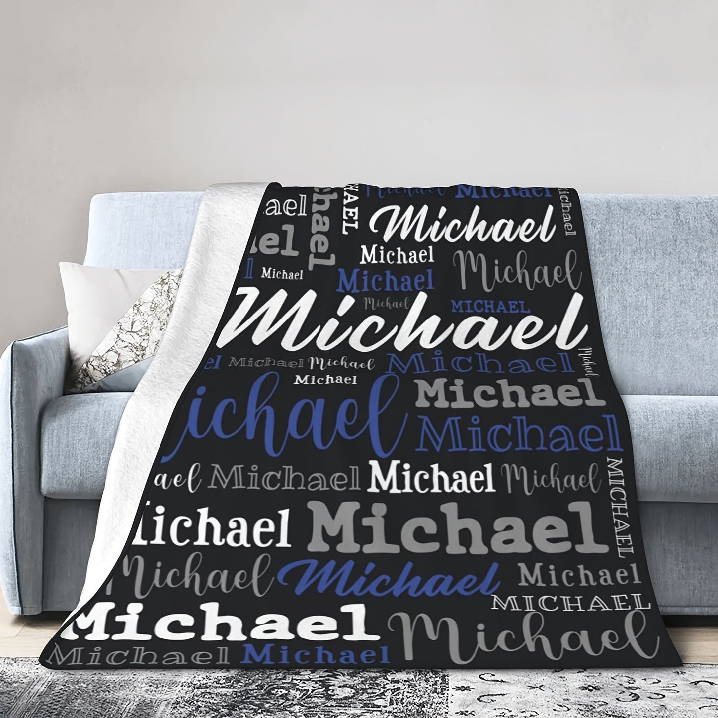 Personalized Big Name Blanket by QOGOER made from an ultra-soft 100% polyester flannel knit fabric, featuring high-quality digital printing in a mixed color design that is suitable for all seasons.