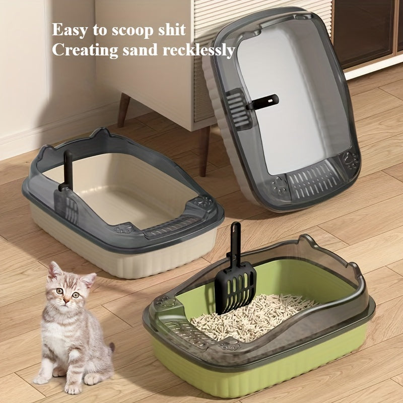 Durable ABS litter box with splash guard in 3 colors, includes scoop.