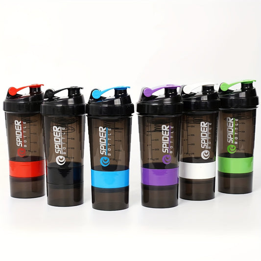 A 500ml protein shaker bottle with layered storage, portable, leak-proof design, and mixing ball. Perfect for gym workouts, weightlifting, and outdoor activities. Ideal for giving as holiday gifts to friends.