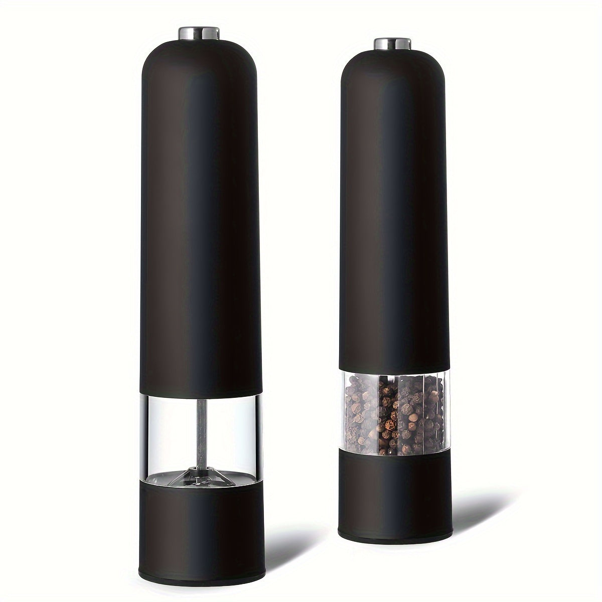 Automatic electric salt and pepper grinder set with adjustable coarseness, ideal for cooking and BBQs.