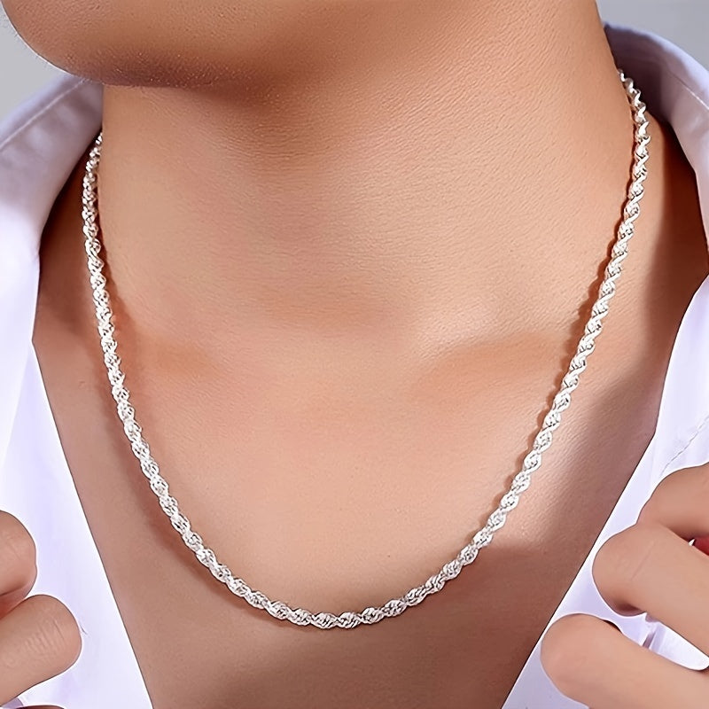 925 Sterling Silver Twisted Rope Chain Necklace and Bracelet Set, Includes 2 Pieces, Elegant Classic Style, No Stones, Plated Jewelry Ideal for Women, Perfect for Daily Wear or Gifting