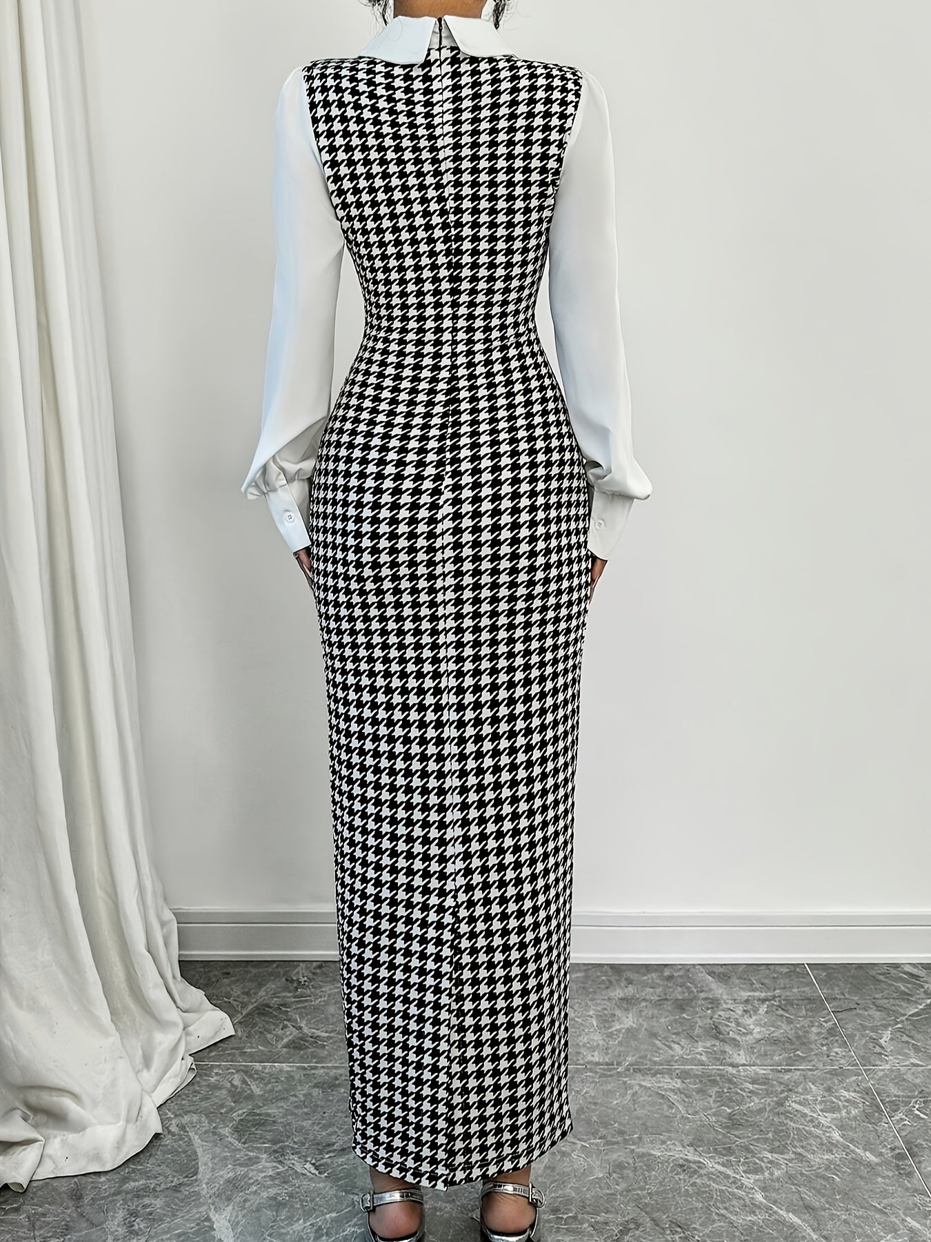 Elegant houndstooth bodycon dress for women, stand collar, long sleeve, slim fit midi dress made of knit polyester for fall/winter fashion.