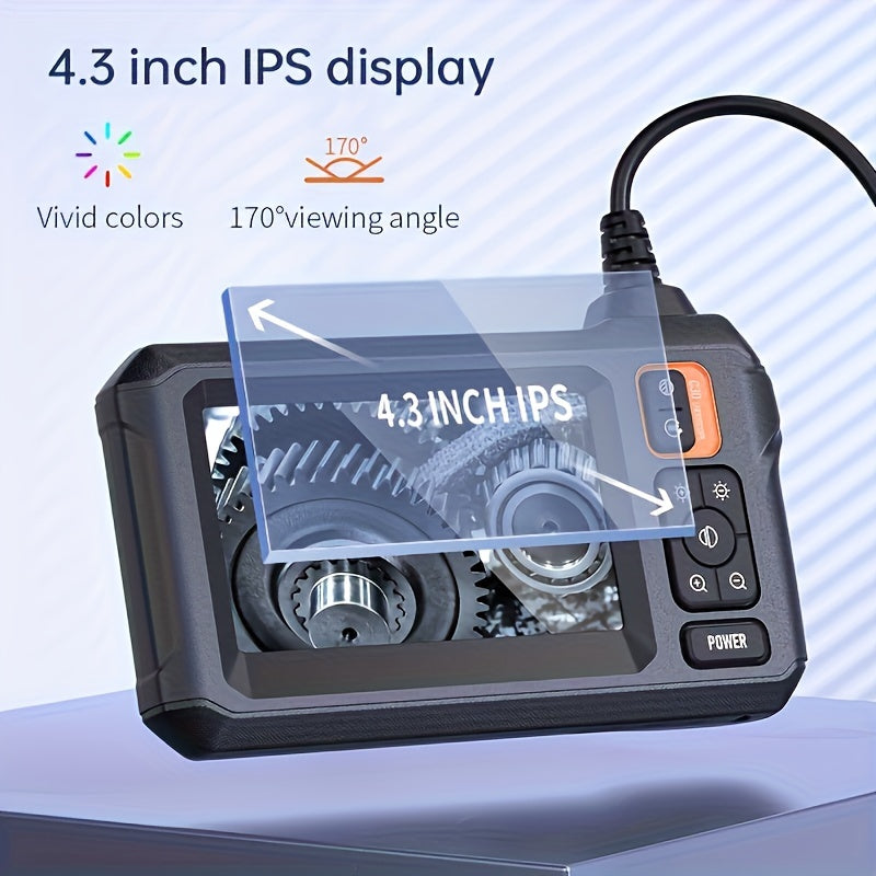 Inskam HD 4.3" Industrial Endoscope with 8mm lens and extendable cable (1/5/10m), perfect for vehicle maintenance and inspection.