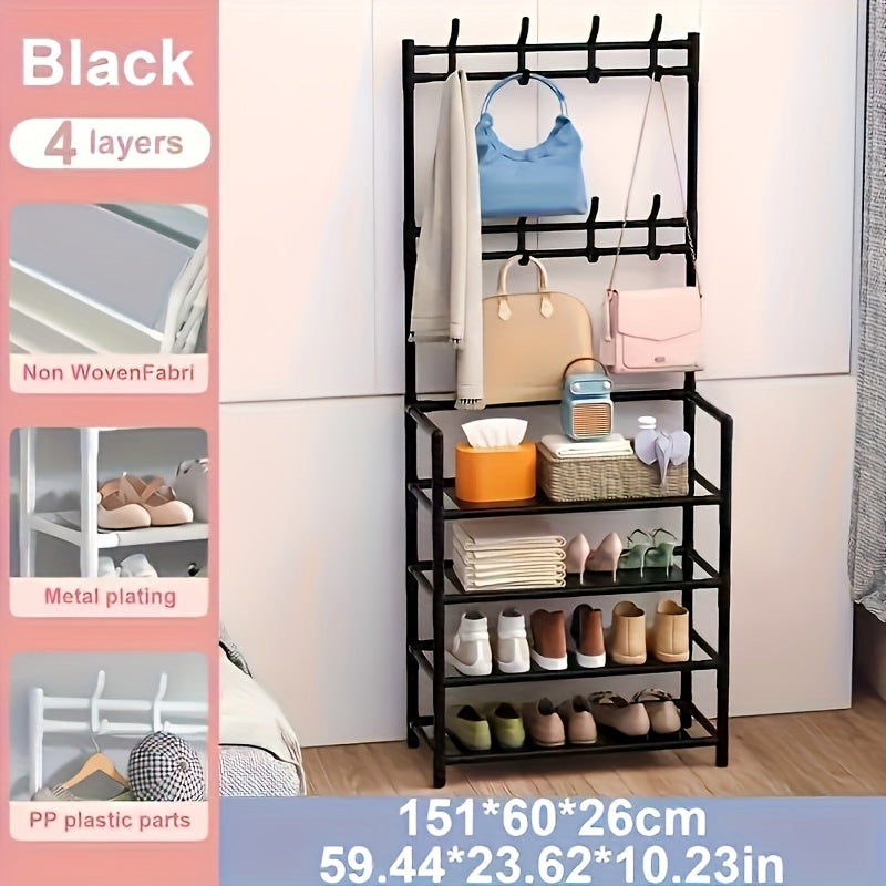 Multi-tier iron storage organizer with 8 dual hooks, versatile shoe rack and coat hanger for various rooms - uncharged, includes SKU quantity.