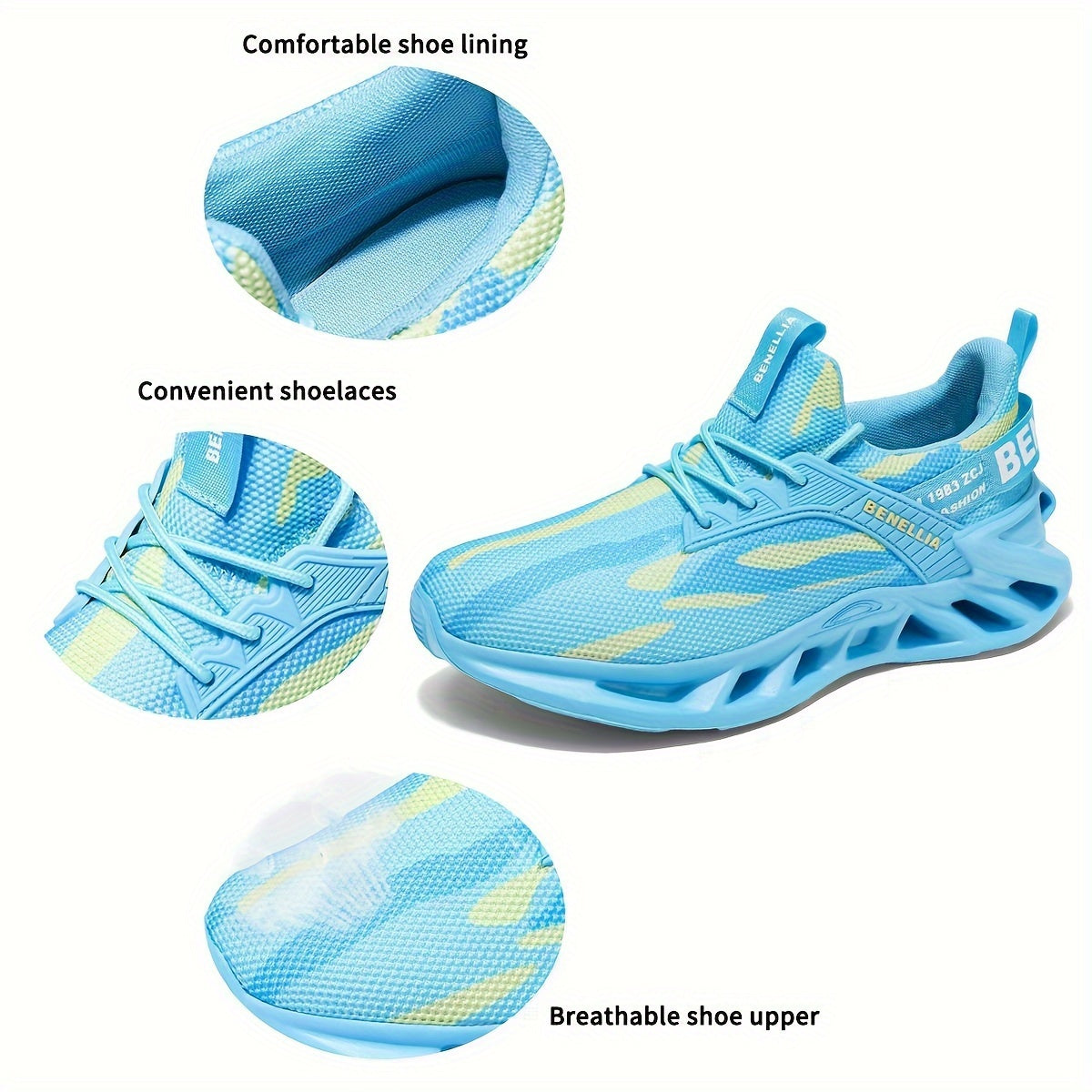 Unisex Benelli Lightweight Running Shoes with Breathable Mesh Fabric and Stable Support for Women, Neutral Pronation, EVA Sole, Casual Sports Sneakers with Random Print for All-Season Wear