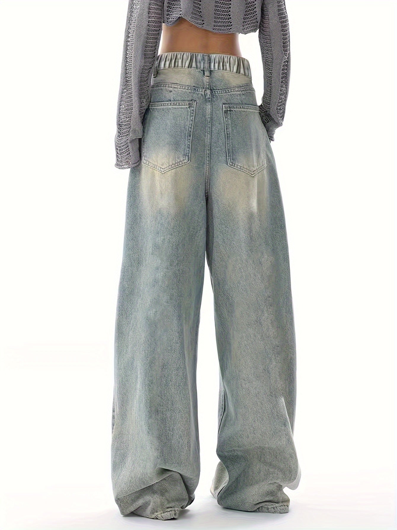 Durable vintage washed grey wide-leg jeans for teen girls with elastic waistband, machine washable, allseason denim.