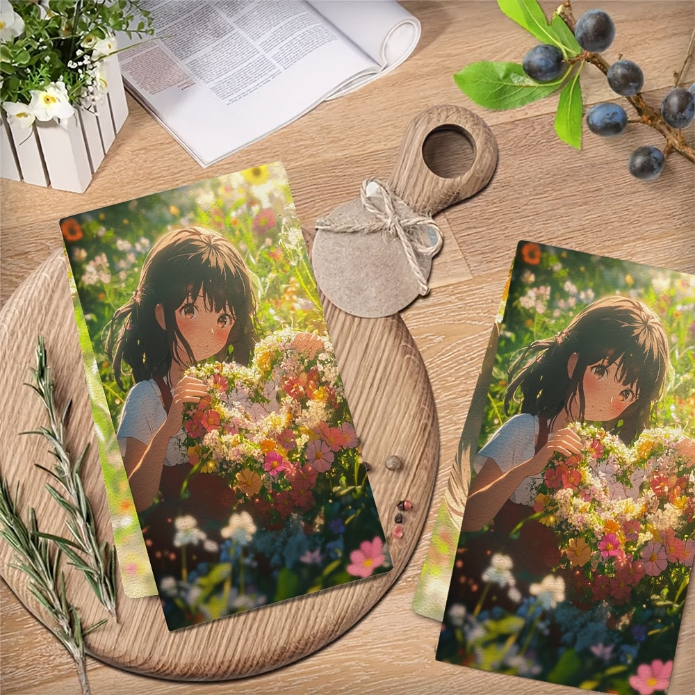 Set of 2 Ultra Soft Kitchen Towels featuring an Anime Girl creating a heart-shaped wreath with freshly picked flowers in a sunlit meadow. These dish hand towels are highly absorbent and perfect for holiday decor. Machine washable and measuring 16x24