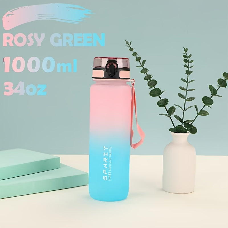 Gradient water bottle in 1000ml/750ml sizes, leak-proof BPA-free plastic for climbing, hand wash only. Ideal for home, office, outdoor activities, and as gifts for special occasions.