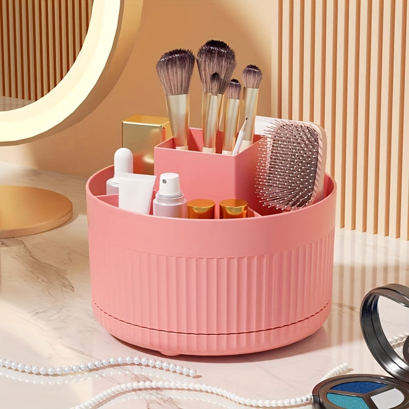 Rotating makeup organizer holds brushes and skincare, hand washable, white