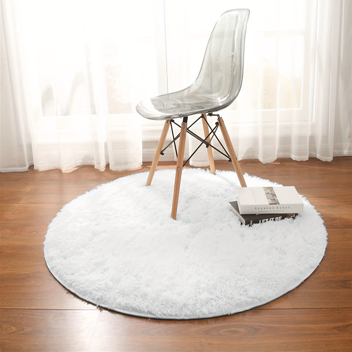 Indulgent Pure White Silk Circular Rug - Soft, Non-Slip & Easy-to-Clean Polyester Rug for Living Room, Bedroom, Yoga | Luxurious Medium-Pile Mat with Tray for Home Decor, Living Room Carpet