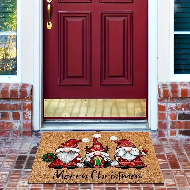 Welcome guests in style with this Christmas-themed door mat featuring a festive gnome design. Made with non-slip polyester fiber, this entry rug is perfect for both indoor and outdoor use. Easy to clean with a hand washable design. Perfect for adding