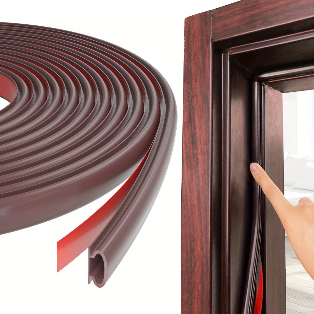 Self-adhesive rubber weather stripping for doors, 10ft length, 2/5in width, available in black, white, or brown. Fire-resistant with multi-function capabilities to seal gaps from 1/10in to