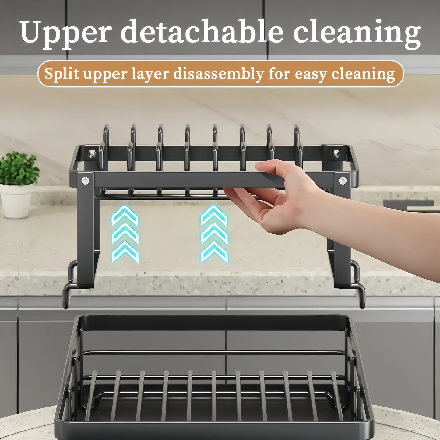 Compact double layer dish rack with drain board - high capacity, stackable & easy to clean, with cup and cutlery holder - ideal for kitchen organization.