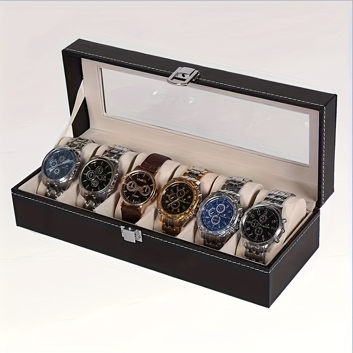 New faux leather watch storage box with velvet interior, designed to hold 6 watches and display jewelry.