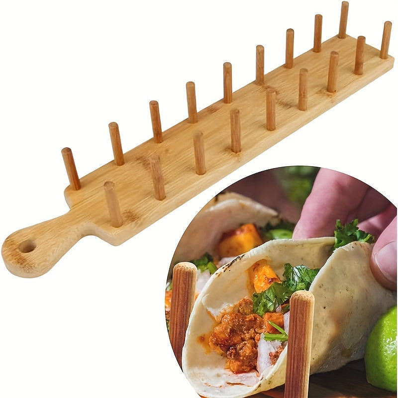 Wooden Taco Holder tray holds 8 soft or hard shell tacos, also suitable for tortillas and burritos. Made of bamboo, can be used as a kitchen organizer tool.