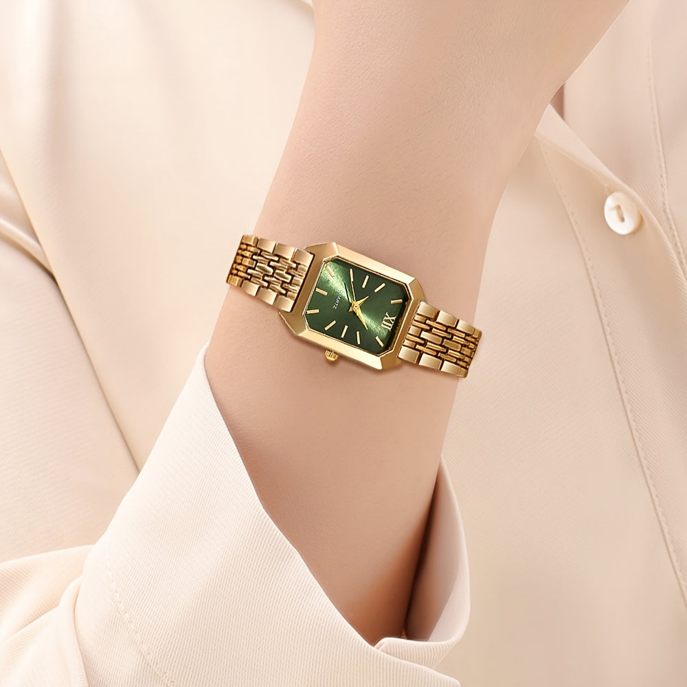 Chic women's quartz watch with elegant design, analog display, golden-tone rectangle case, stylish multi-color dial, shockproof alloy construction for daily wear and business casual.