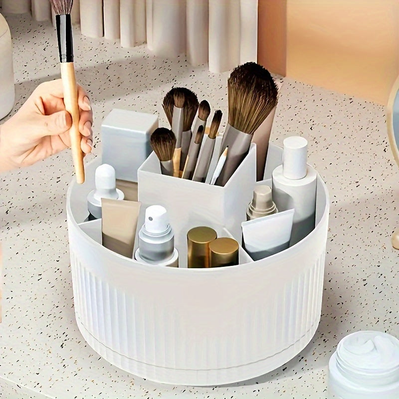 360° Rotating Cosmetic Organizer - Multi-functional makeup storage box for skincare and beauty supplies, with multiple compartments and a pen holder.