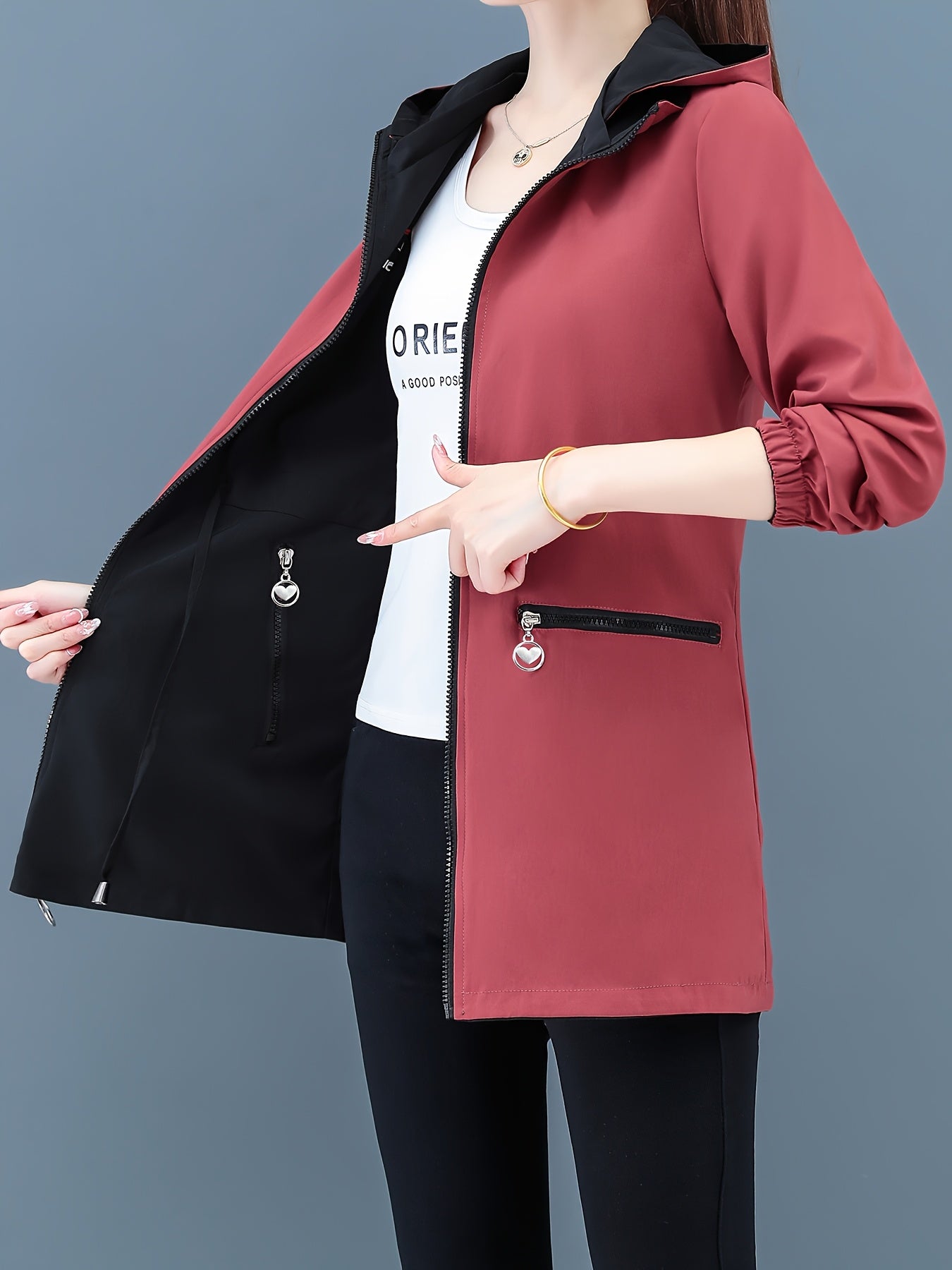 New 2024 reversible windbreaker for women, perfect for spring and fall. Lightweight zip-up hooded jacket with long sleeves.