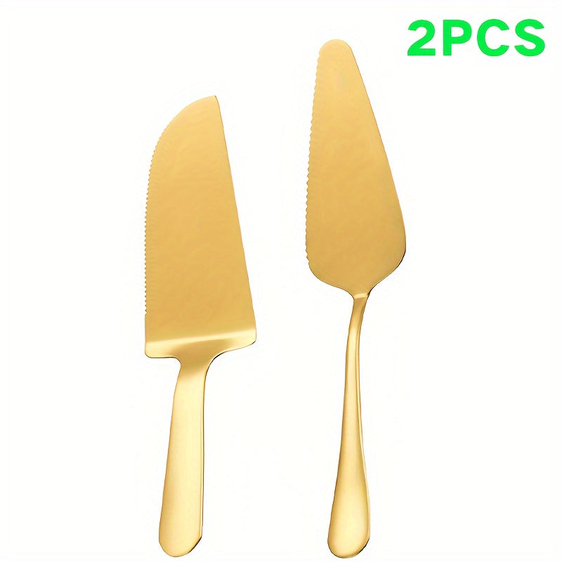 Elegant golden cake knife and server set, ideal for weddings, parties, and everyday use. Made from stainless steel, dishwasher safe.