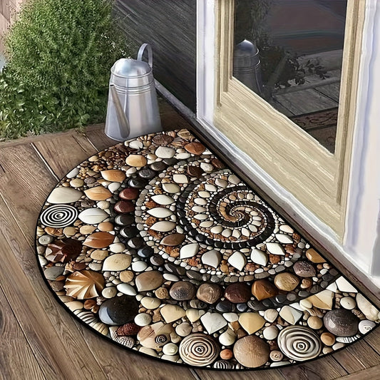 Coastal Pebble Flower Design Half-Moon Doormat made of machine-made polyester fiber - Features Non-Slip, Washable, Rubber Backing perfect for Indoor Use - Perfect for Entryways, Kitchens, Bathrooms, Patios, and Balconies as Decor