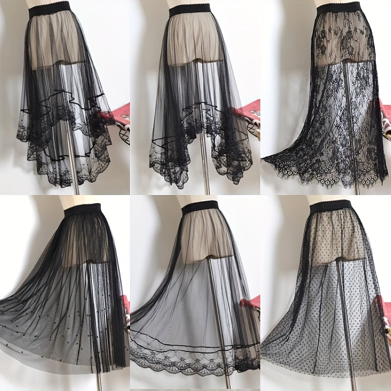 Victorian Gothic Style Sheer Tulle Skirt with Lace-Lined Petticoat, Hand Wash Only