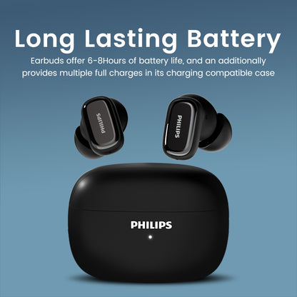 New Philips TAT2569 Wireless Earphones with Active Noise Reduction, Double Click Left Ear Adjustment, and Dual HD Microphone for Calls. Perfect for Sports.