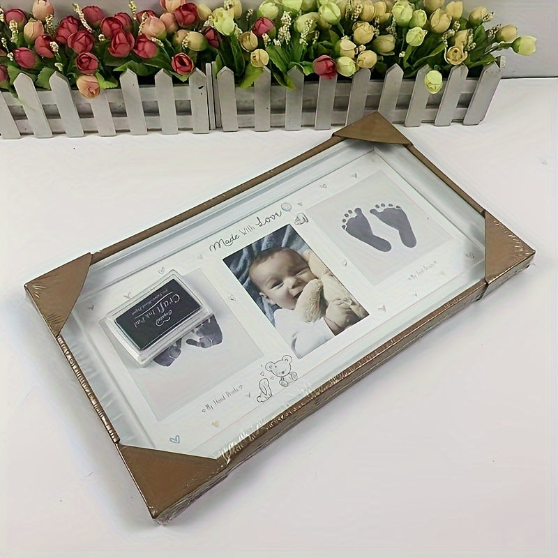 Creative photo frame for displaying family photos on your wall, featuring handprint and footprint designs to mark growth milestones. Perfect for commemorating special moments and adding a personalized touch to your home decor. Customize it with your own