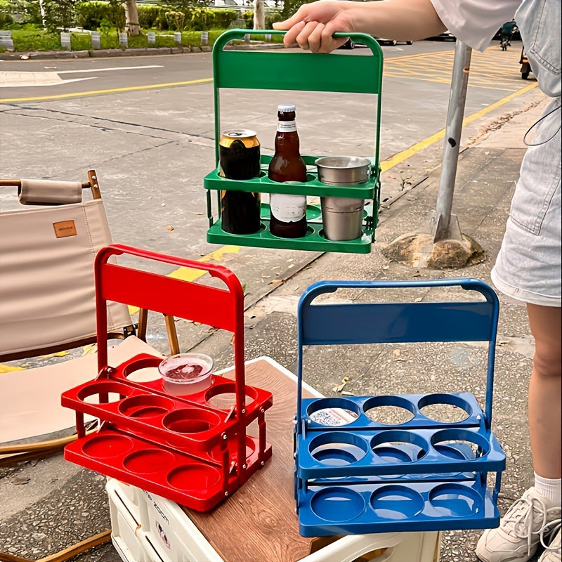 Portable collapsible plastic beer carrier for 6 bottles, ideal for bars, picnics, restaurants, and catering.