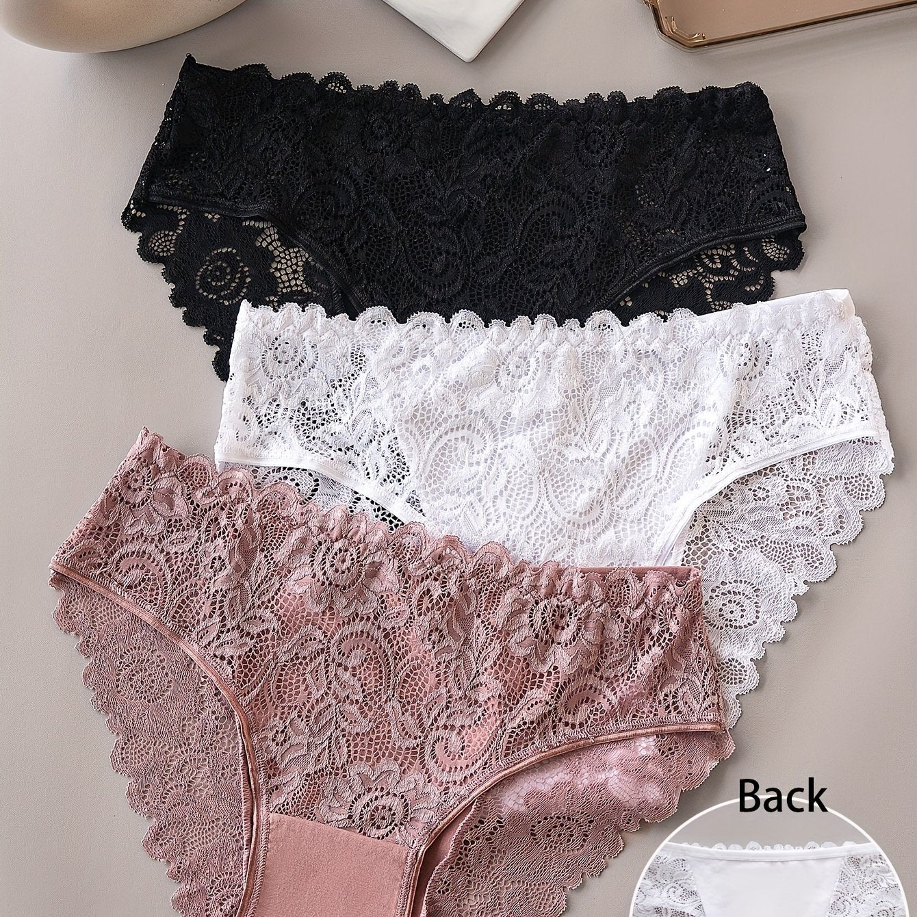 3 solid lace briefs, comfortable and breathable, perfect for women's lingerie and underwear.