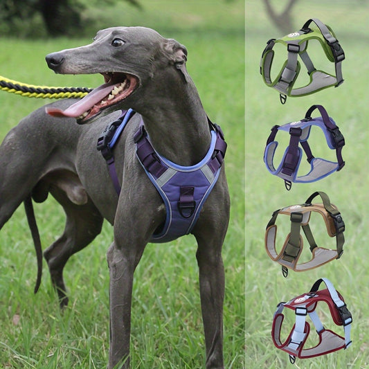 Durable, adjustable tactical dog harness for large breeds with easy control handle and adjustable straps, available in multiple colors.