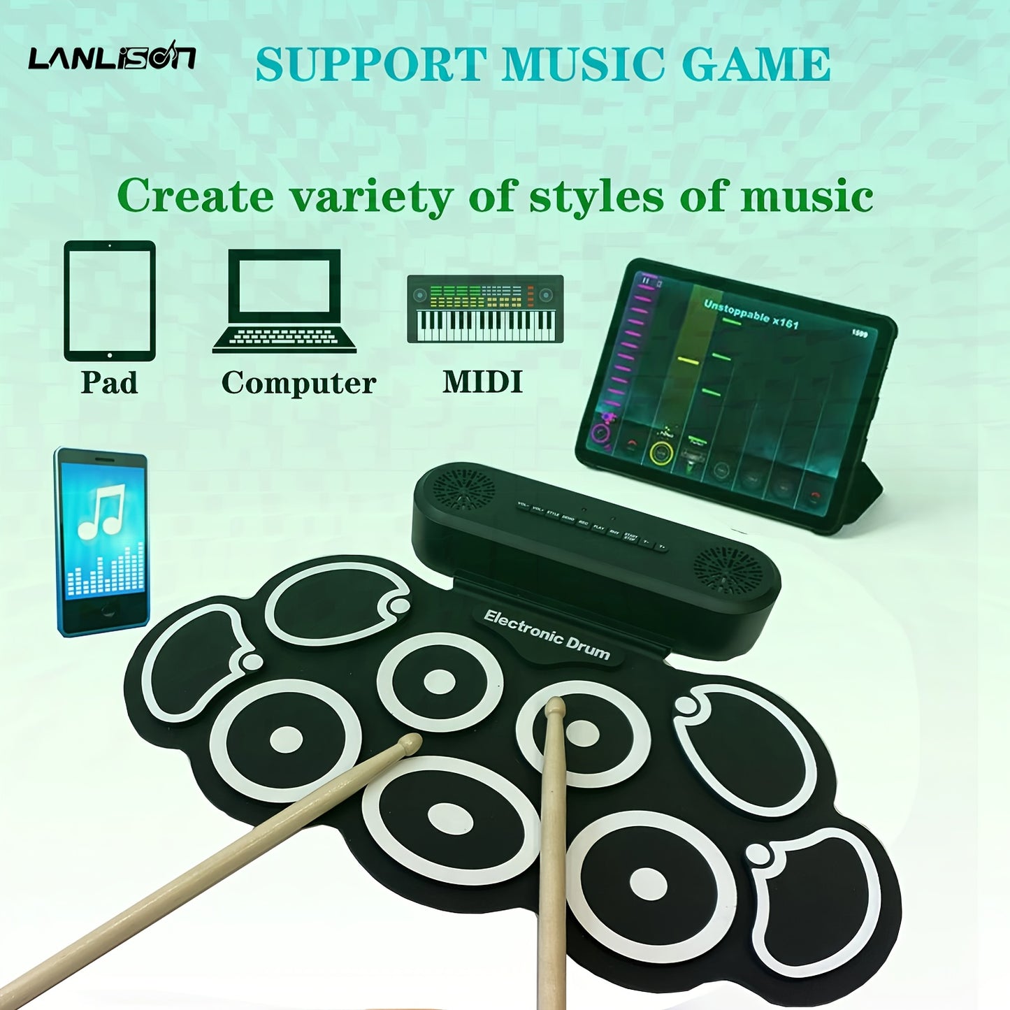 Roll-up electronic drum set with 9 practice pads and built-in speakers, includes drum pedals, drum sticks, and 10-hour playtime.