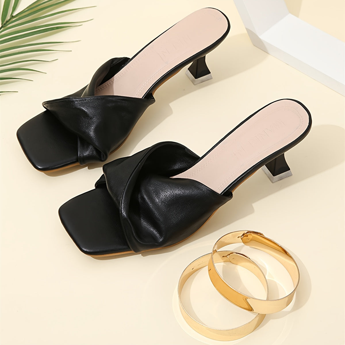 Women's pleated high heel sandals with square toe and slip on style.