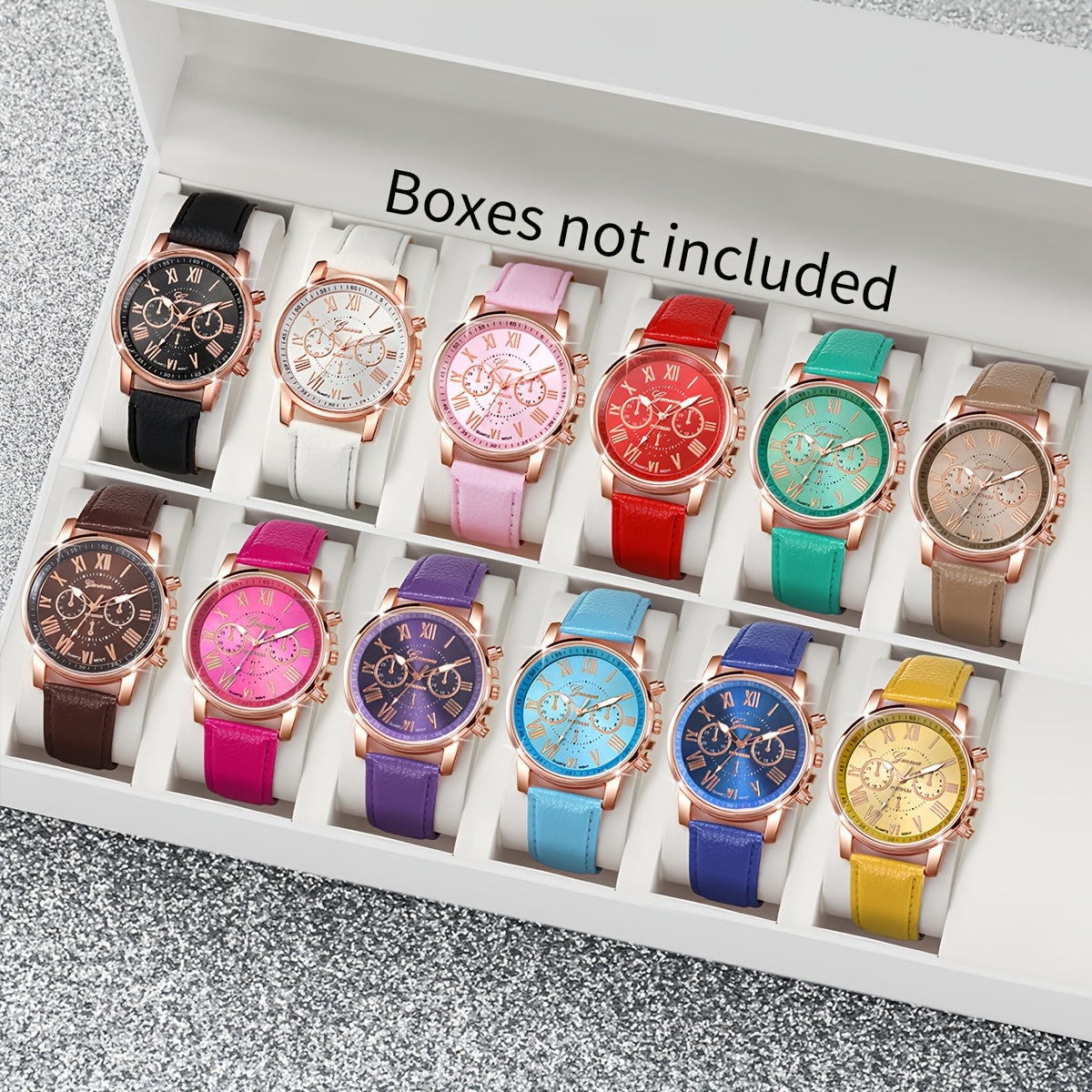 Set of 12 women's casual quartz watches with candy color matching dials, does not include watch box.