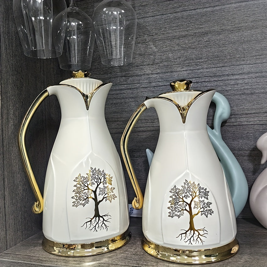 Two Vacuum Insulated Thermal Carafes for Coffee and Tea - Stainless Steel Double-Wall Flasks in 1L and 0.7L sizes, featuring an elegant Golden Tree Design. Keeps beverages hot without the need for electricity.