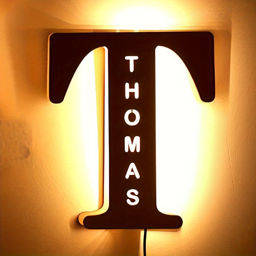 Custom LED letter night light for couples, friends, and family - personalized wooden wall lamp powered by USB. Ideal for bedroom decor with custom uppercase letters.