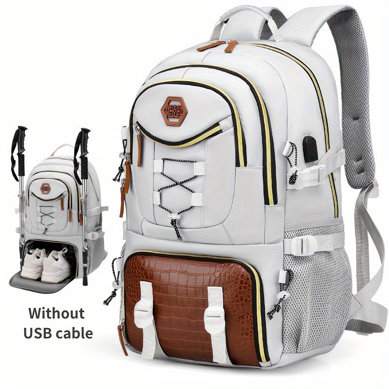 WEIXIER Men's Stylish Multifunctional Backpack in White & Brown with Large Capacity for Laptop, Travel, School & Work, Durable Nylon with Crocodile Texture - Perfect Gift for Friends &