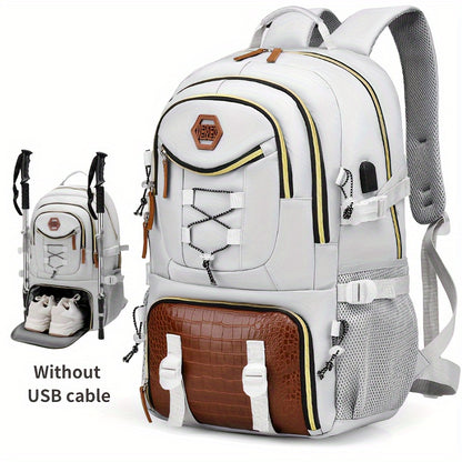 WEIXIER Men's Stylish Multifunctional Backpack in White & Brown with Large Capacity for Laptop, Travel, School & Work, Durable Nylon with Crocodile Texture - Perfect Gift for Friends &