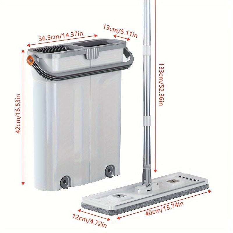 Two-in-One Stainless Steel Dual-Action Flat Mop and Bucket Set with Hands-Free Washing System - Suitable for Wet and Dry Use on Multiple Surfaces in the Living Room, Bedroom, Bathroom, and Kitchen - Made of Durable Plastic, No Electricity Required