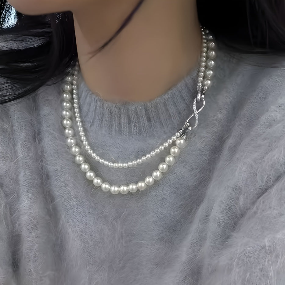 Women's Summer Fashion Double Layer Freshwater Pearl Necklace, Bohemian Style Clavicle Jewelry, Perfect Vacation Accessory for All-Season Wear. Great Gift Idea for Mardi Gras Celebration!