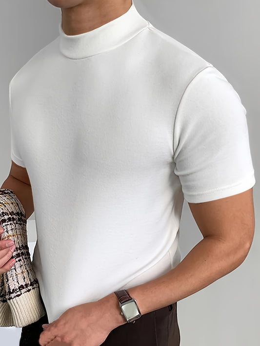 Men's summer fashion turtle neck t-shirt with short sleeves in solid color knit, ideal for daily wear.