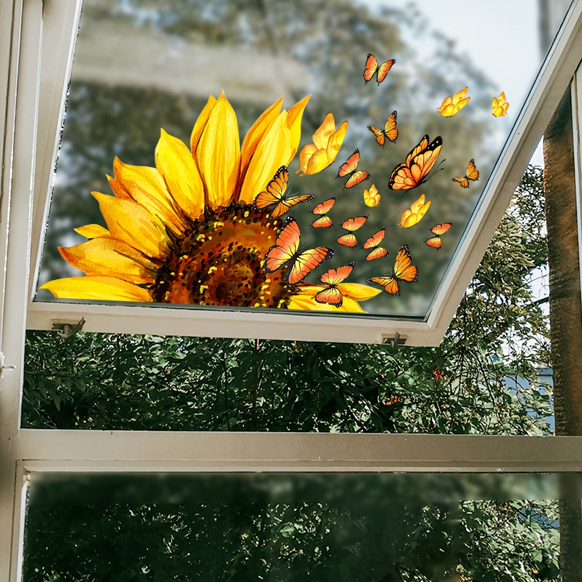 Double-Sided Window Decal featuring a Vibrant Sunflower and Butterfly Design - Made from Reusable PVC Sticker, 5mil Thick, Ideal for Bedroom and Study Glass Windows, Contemporary Floral Pattern, Adds a Butterfly Room Decor Touch.