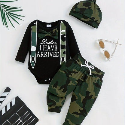 Three-piece set for stylish boys and babies includes a camouflage bow long-sleeved shirt, pants, and hat.